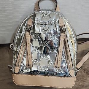 Michael Kors Metallic Silver and Tan Backpack